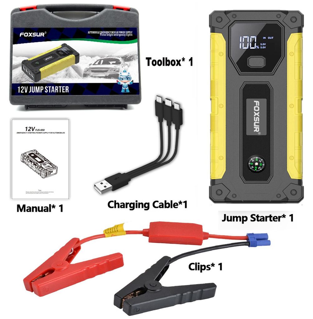 FOXSUR Starthilfe-Akku 12V, tragbare Powerbank mit Kompass, Beleuchtung, Blinklicht und SOS-Funktion für PKW, SUV, LKW und Motorrad, USB-Schnellla...