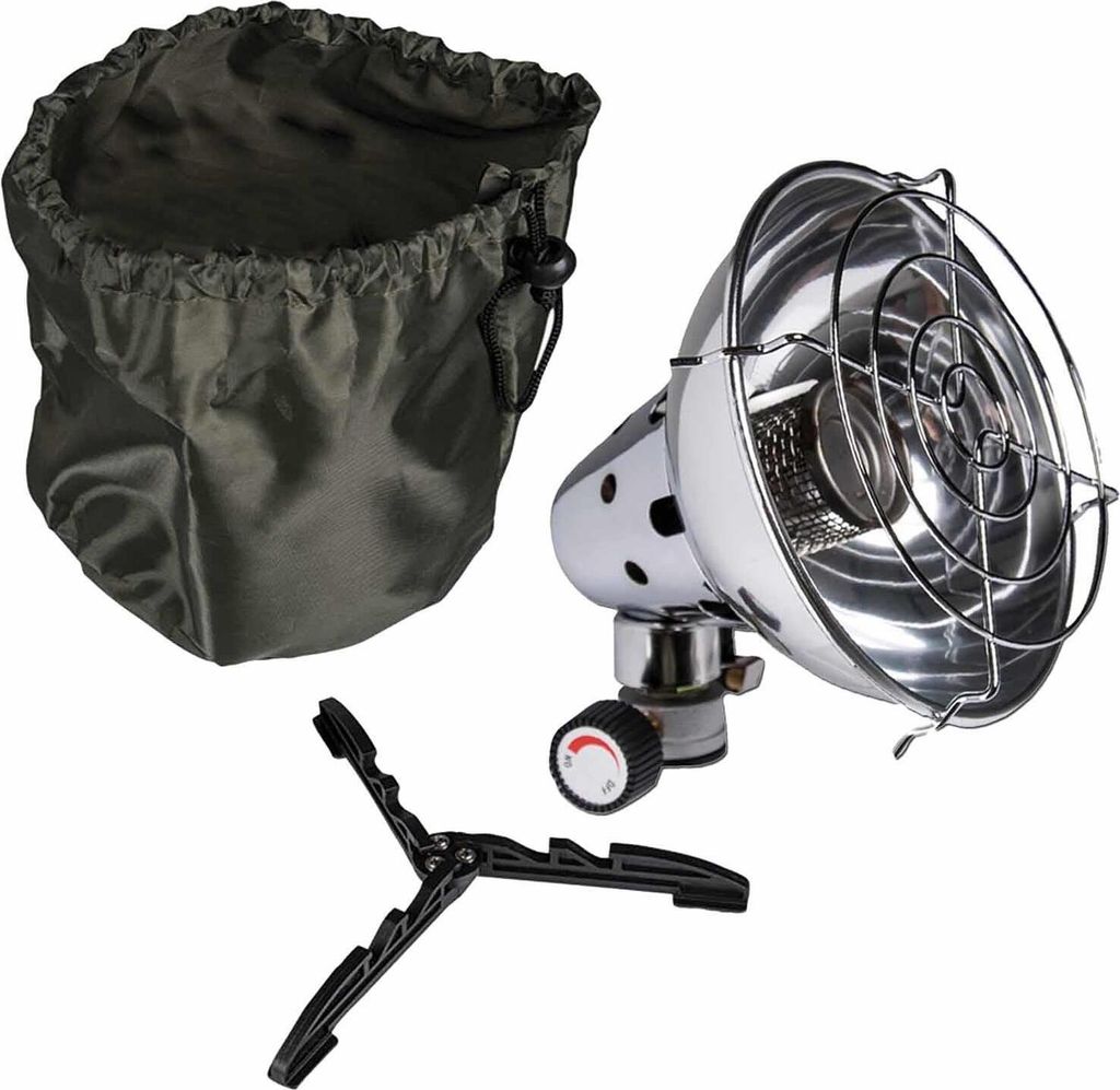 A camping heater with a carrying bag and a tripod stand, displayed on a white background.