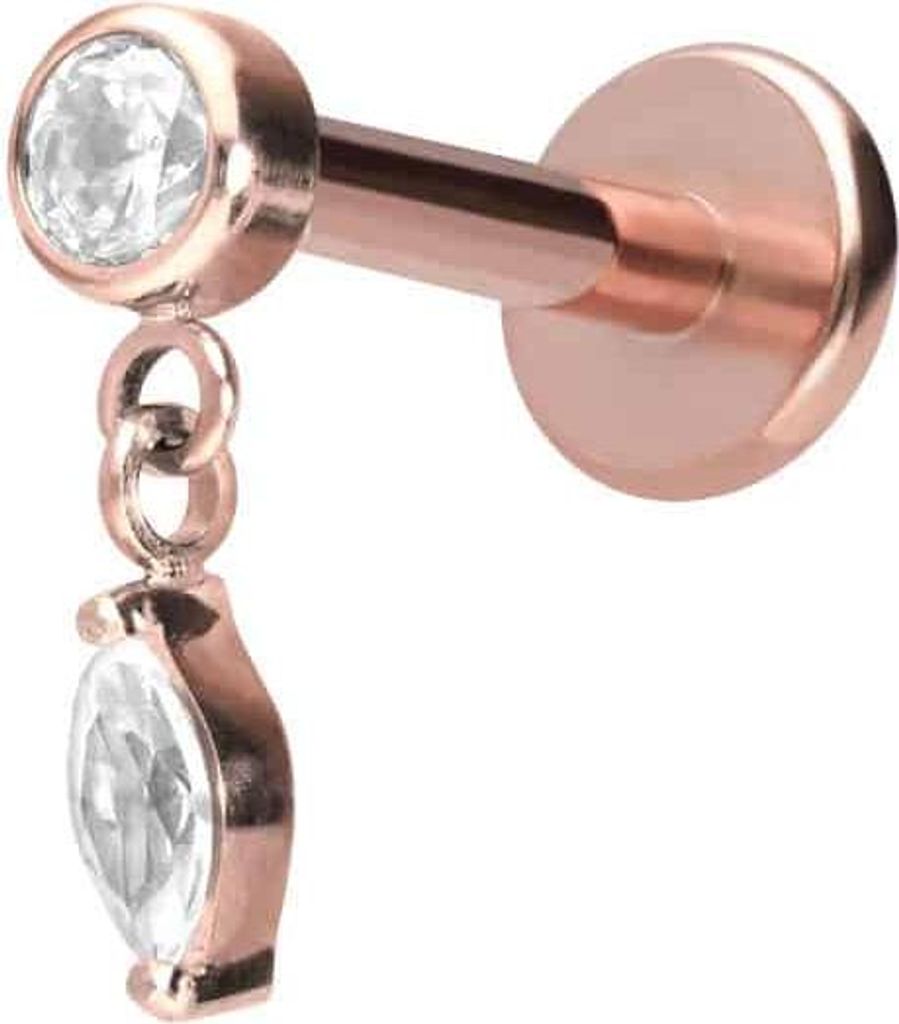 Ohrpiercing, Nasenpiercing Titan Labret mit Push Fit KRISTALL + KRISTALLTROPFEN RoséGold Stablänge: 8mm | Stabstärke: 1mm