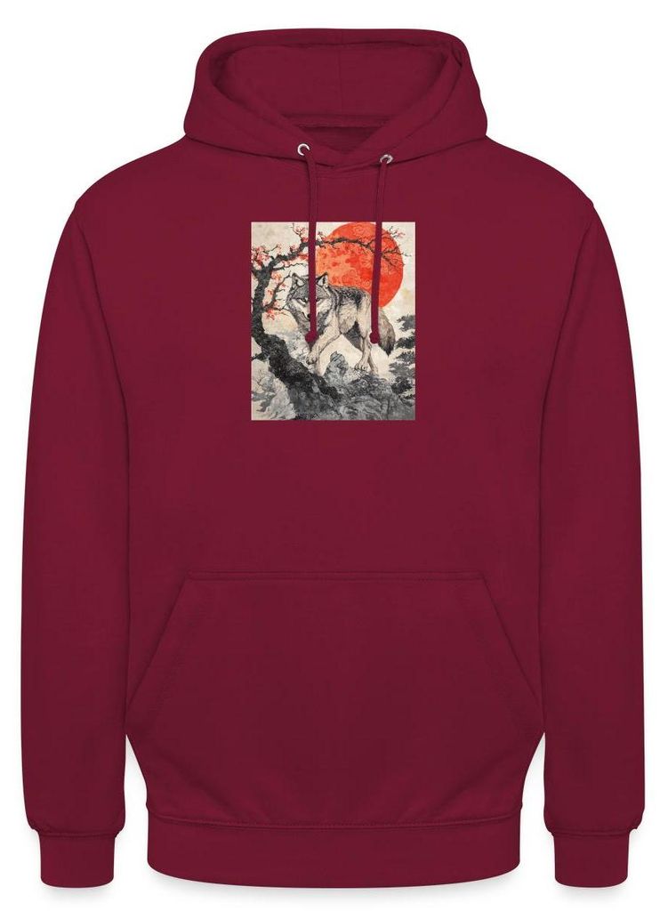 Spreadshirt Wolf Vor Roter Sonne | Japanischer Stil Uni Hoodie, XXL, Bordeaux