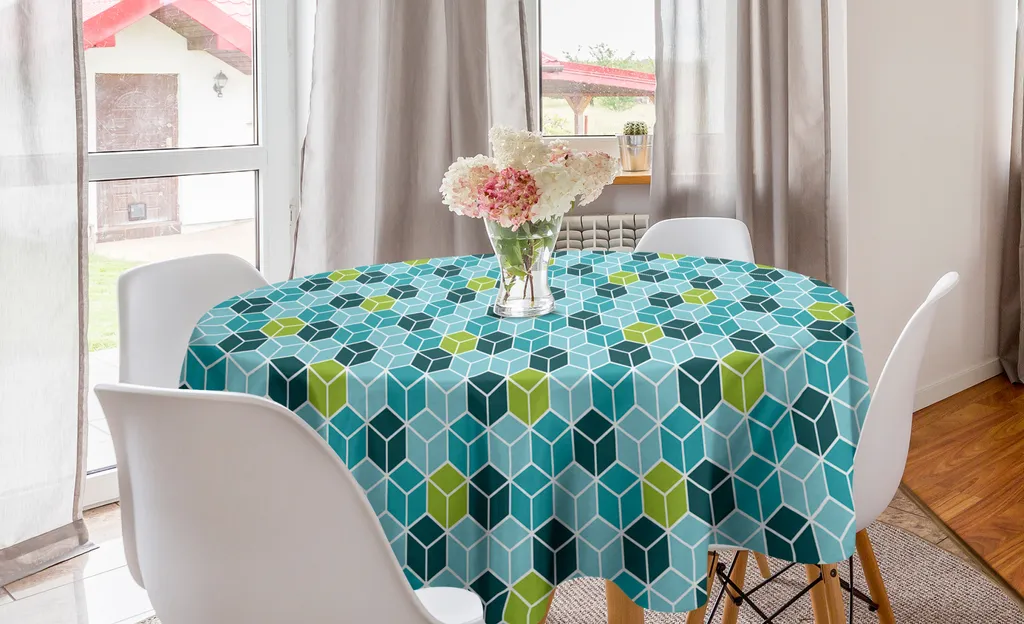 ABAKUHAUS Tovaglia geometrica rotonda, effetto cubo quadrati artistici, tovaglia circolare per sala da pranzo, decorazione cucina, 150 cm, multicolore blu
