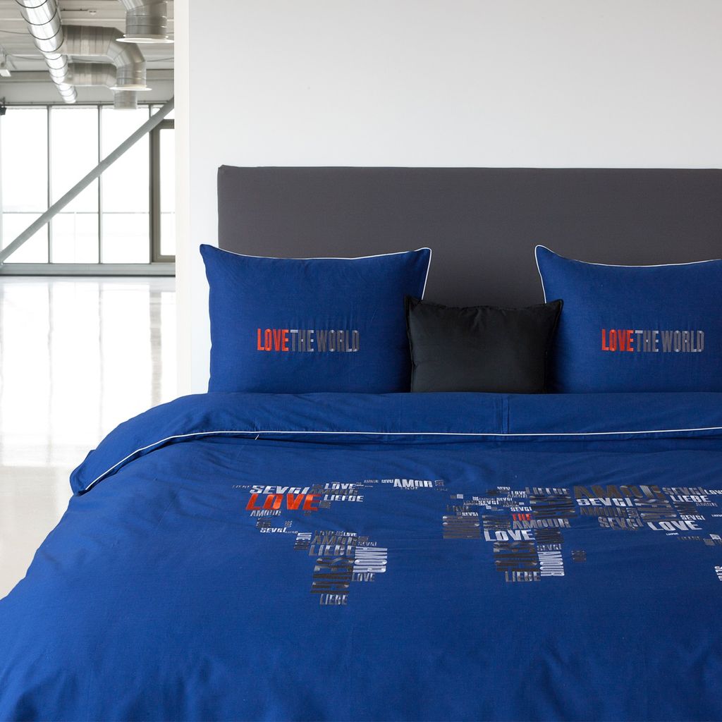 HnL Perkal Bettwäsche Hillary Royalblau mit Stickerei 135 x 200 cm 100% Baumwolle, Größe:135x200 cm + 80x80 cm