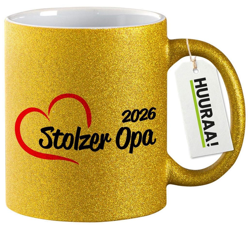 Huuraa Glitzertasse Stolzer Opa 2026 Herz 330ml Gold Keramik Kaffeebecher Geschenkidee