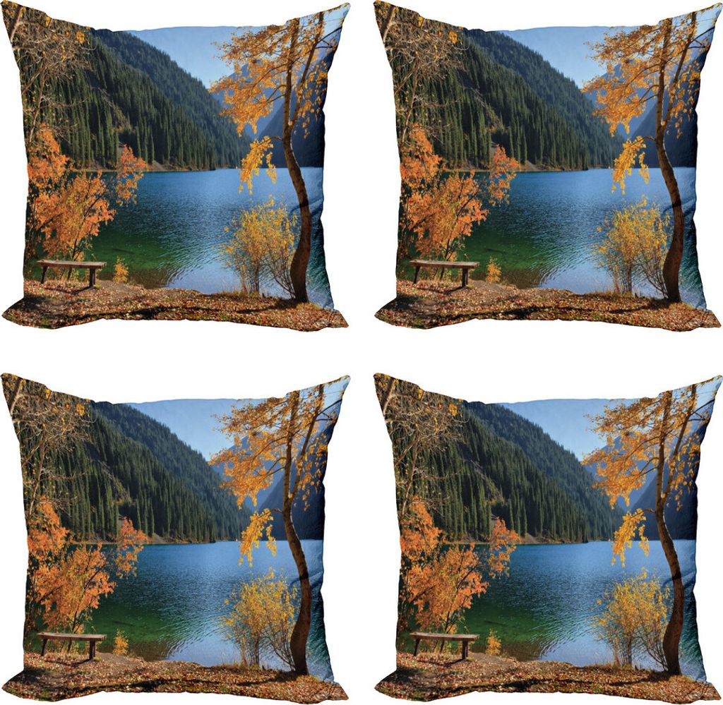 ABAKUHAUS Baum Kissenbezug Set (4 Stück), Lake Forest Autumn Tree, Moderner Doppelseitiger Digitaldruck, 40 cm x 40 cm, Orange Grün