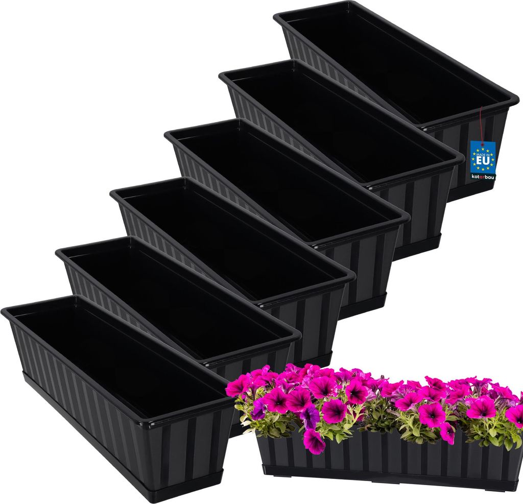 KOTARBAU 6er Set Blumenkasten Blumentopf für Balkon 60 x 18 x 14 cm Anthrazit Balkonkasten Balkongeländer Pflanzkasten mit Untersetzer aus Kuns...