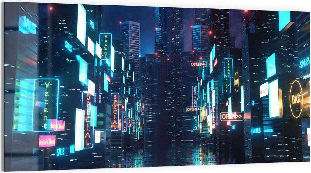 DEQORI Glasbild Echtglas 100x50 cm 'Stadtzentrum bei Nacht' Wandbild Bild modern Deko