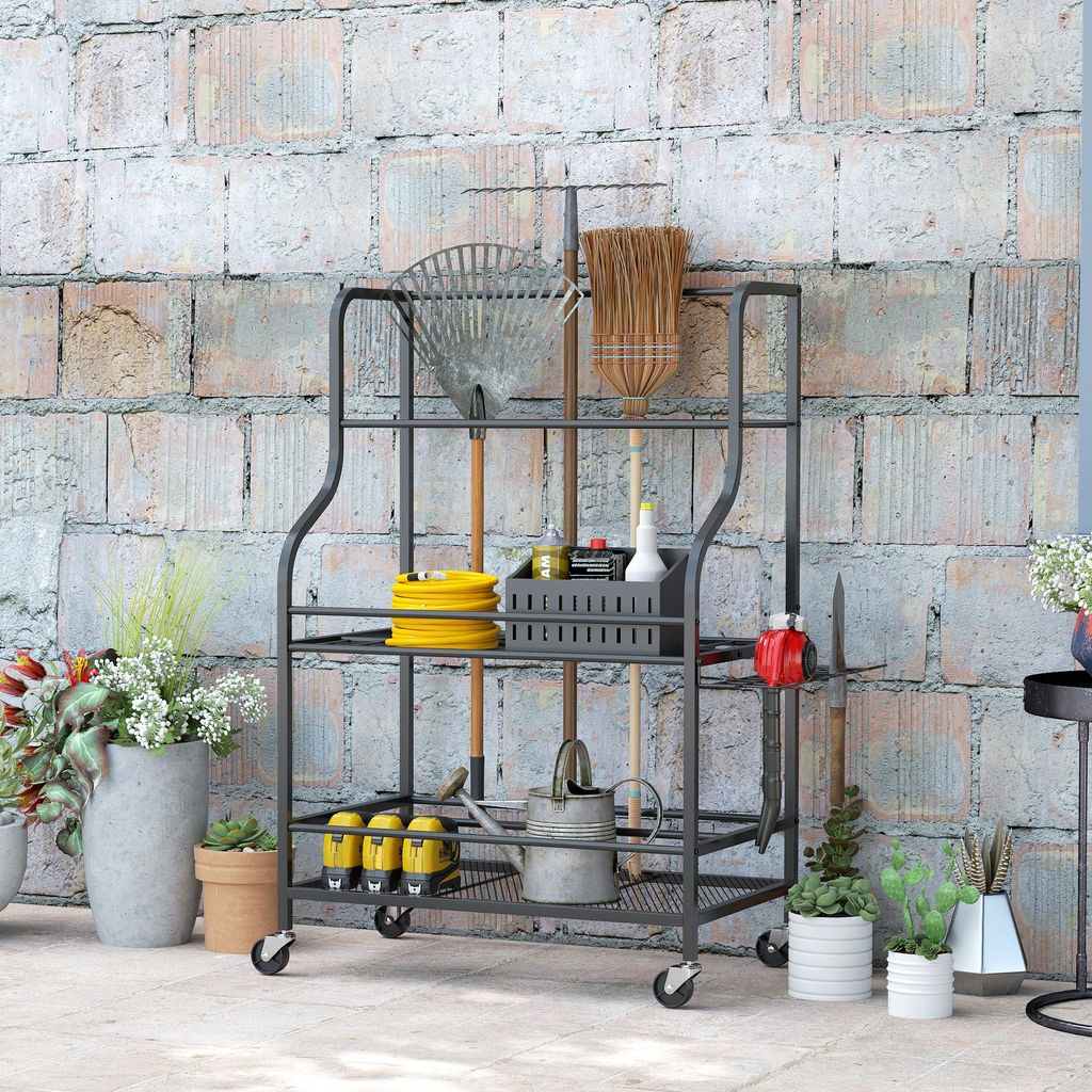 Gartenwerkzeug-Organizer 3-stufig, Gartengeräte Ständer rollbar, Stahl rostbeständig, Schwarz | 77x40x97 cm | 54 Schlitze + 5 Haken | bis 40 kg