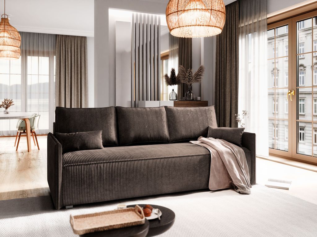 Sofa MESTOR Braun Kordstoff mit Schlaffunktion, Sofa mit Bettkasten, Sofa mit Bettkasten, Wohnzimmersofa, Couch, Soffa, Bettsofa, Couchgarnitur- Br...