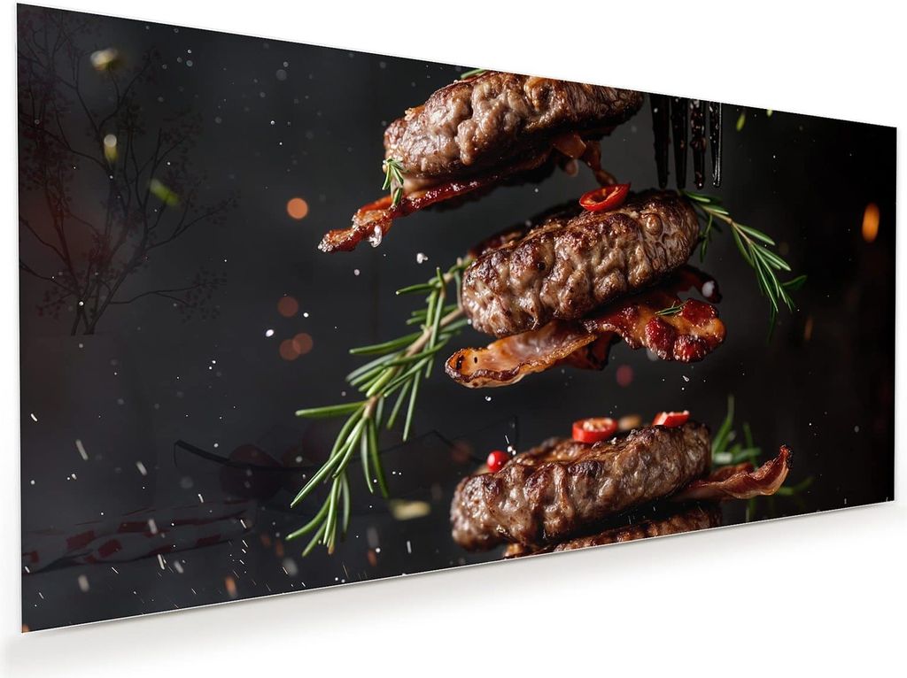 Glasbild 120x60cm in XXL für Wohnzimmer, Schlafzimmer Motiv Burger mit Bacon