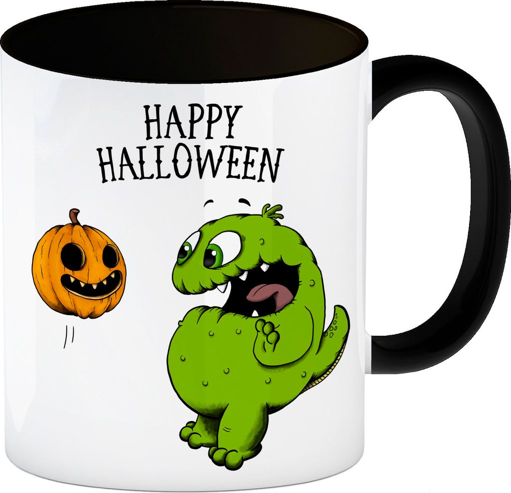 Happy Halloween Kaffeebecher Henkel und Innenseite Schwarz mit Monster