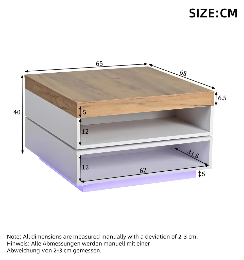 Table basse pivotante 360° à LED avec grand espace de rangement interne