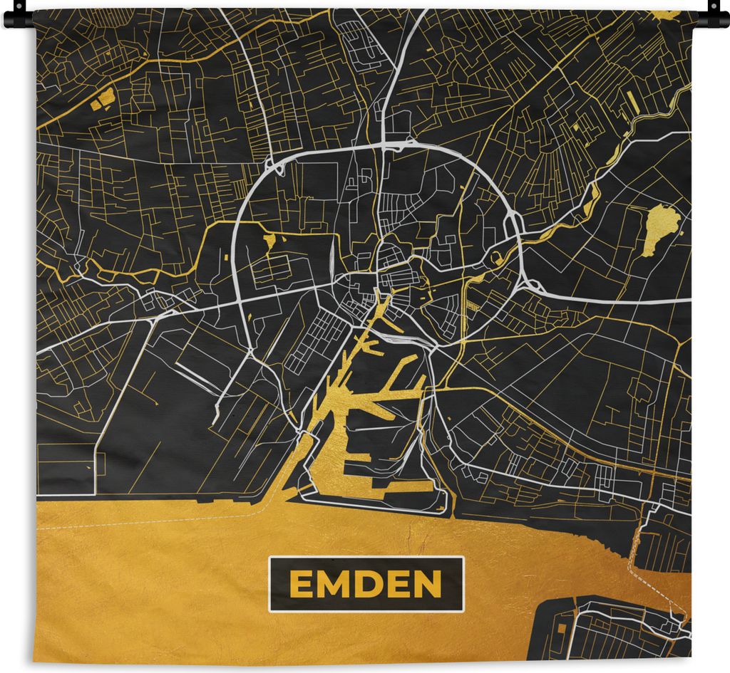 MuchoWow Wandteppich Wandbehang Schwarz und Gold - Stadtplan - Emden - Deutschland - Karte 90x90 cm Tapisserie Dekoration Wandtuch - Wandaufhänger
