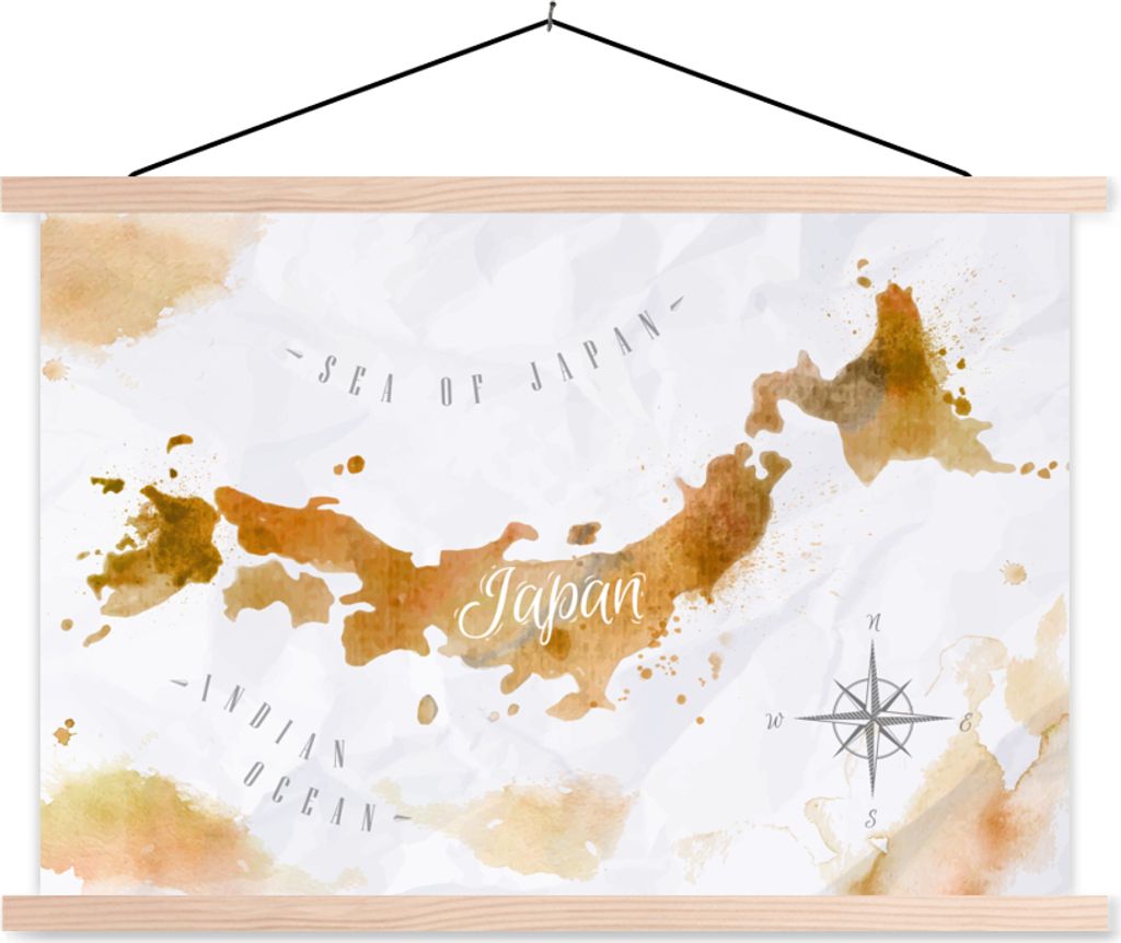 MuchoWow Textilposter Karte - Aquarell - Japan 60x40 cm mit holzfarbenen Rahmen - Bilder