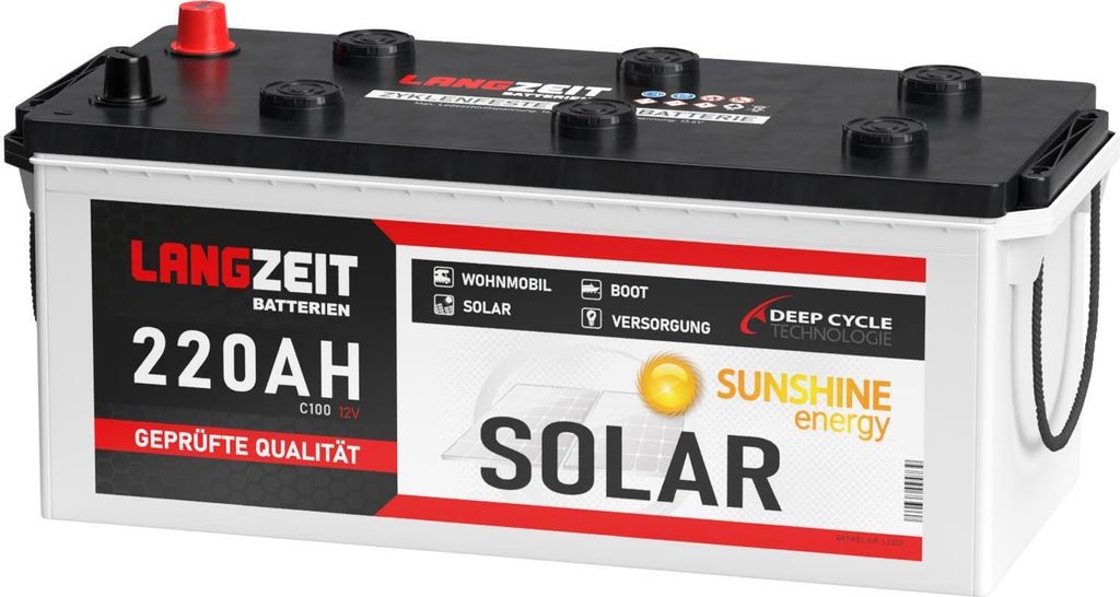 Langzeit Solarbatterie 220Ah 12V Boot Notstrom Windkraft Produktbild 
