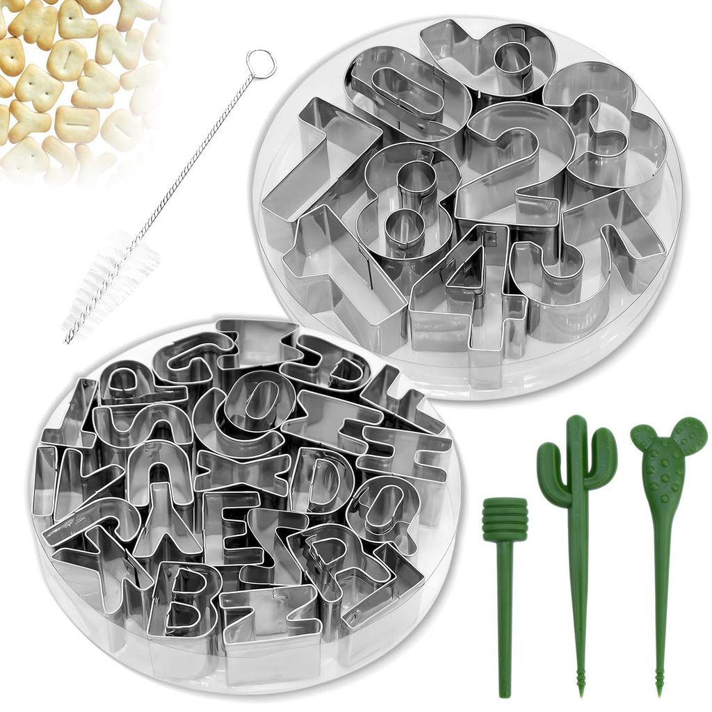 35-teiliges Set aus Edelstahl-Buchstaben- und Zahlenformen für Kekse, Fondant und Teig – inklusive Fruchthalter und Formentferner, großen Buchs...