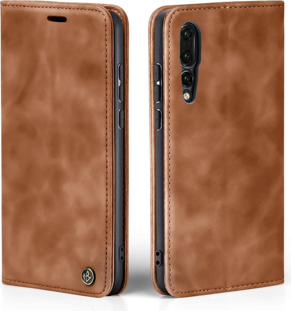A brown leather flip case for a smartphone is shown from two angles.