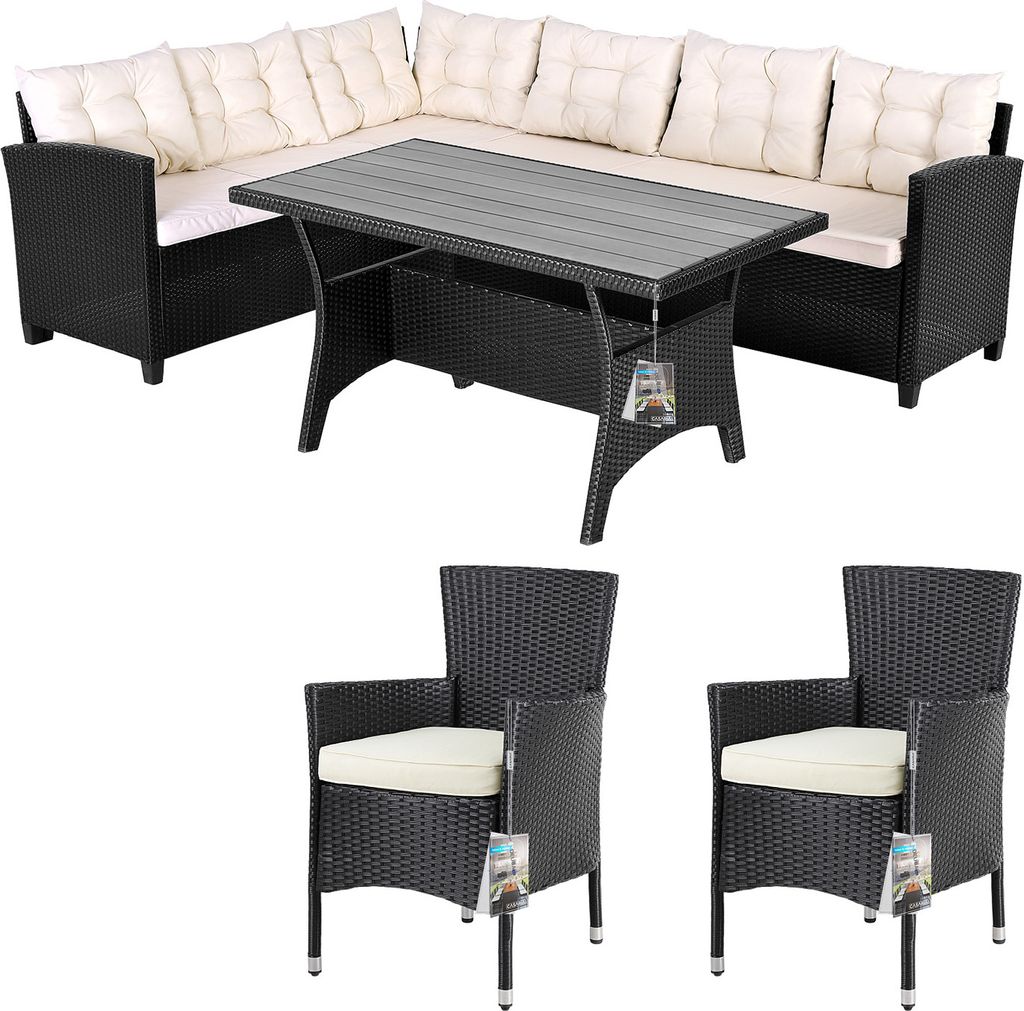 CASARIA Polyrattan Ecklounge Set WPC Esstisch Ecksofa 2 Gartenstühle Sitzauflagen Kissen Wetterfest Outdoor Lounge Garten Terrasse Balkon Möbel...