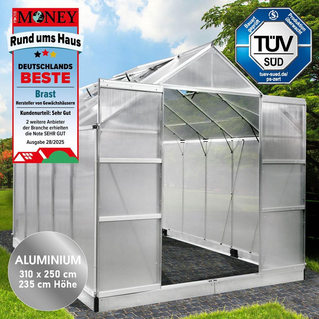 BRAST Gewächshaus Aluminium mit Fundament | 310x250x235cm | 6mm Hohlkammerplatten | rostfrei wetterfest temperaturbeständig | Silber
