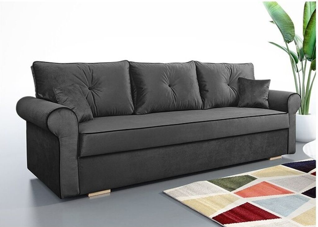 Schlafsofa TOP, Sofa mit Schlaffunktion und Bettkasten, Klappsofa, Schlafcouch mit schwarzen Knöpfen, Couch in Frabe: Dunkelgrau, Couchgarnitur: V...