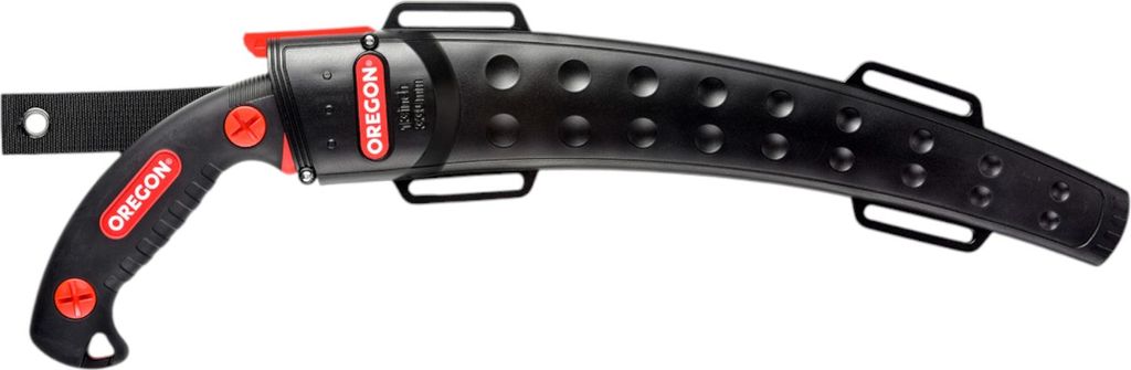 A black and red pruning saw with a black scabbard, presented on a white background.