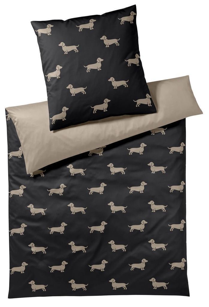 elegante Mako-Satin-Bettwäsche-Garnitur Dogs Farbe Schwarz-Beige Größe 140x220+70x90