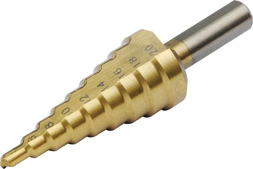 Vrták stupňovitý, O 4-20mm, stupňování po 2mm, 9 otvorů, stopka O 8mm
