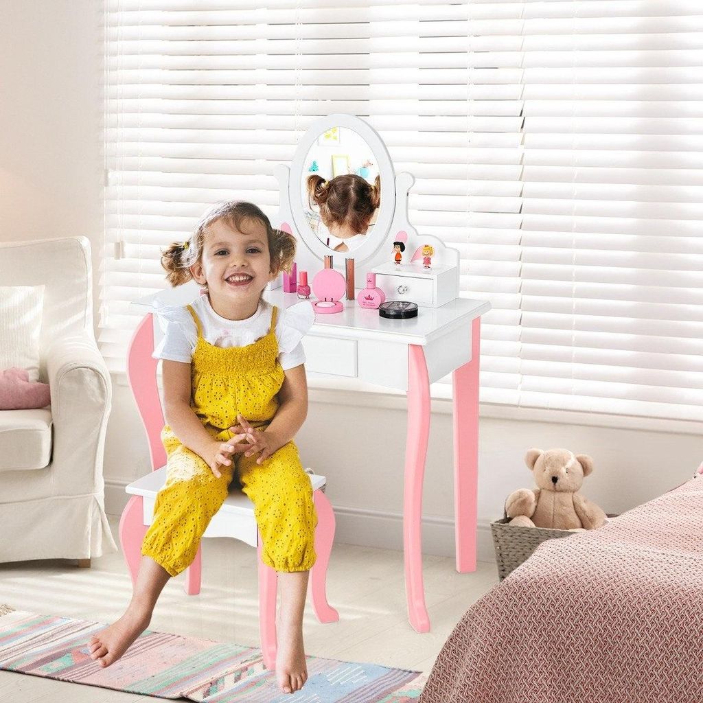 Kinder Schminktisch mit Hocker Prinzessin Frisiertisch mit 3 Schublade & Spiegel Weiß