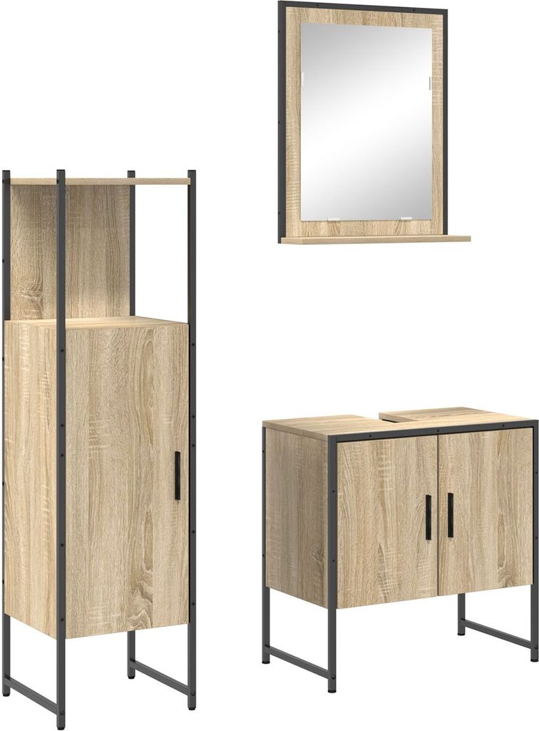 Möbel 3-teiliges Badezimmermöbel Set Sonoma Eiche Holzwerkstoff, Badezimmer Spiegel mit Regal Sonoma Eiche 50x12x60 cm Holzwerkstoff - Badspiegel...