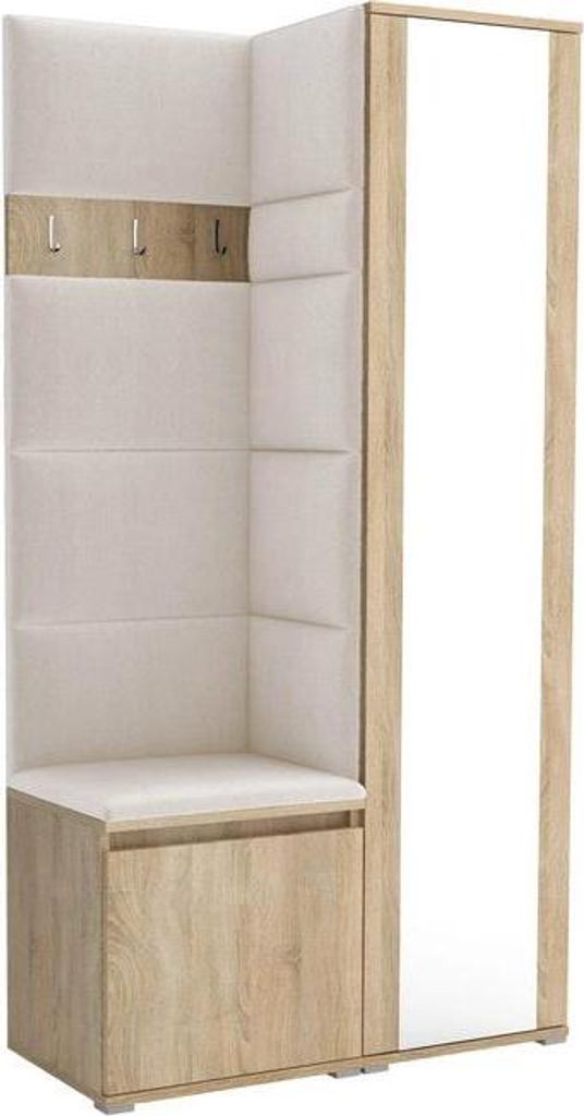Garderoben-Set Noris VI mit Spiegel, gepolsterte Garderobe 95 cm, kompakte Flurmöbel mit Wandpaneelen, Haken und Stauraum (Farbe: Sonoma Eiche + T...