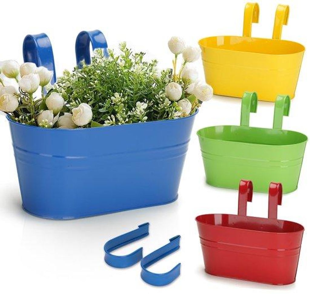 Bunte Metall-Blumenhängepotten 27cm, groß, mit Haken und Ablage, für Balkon