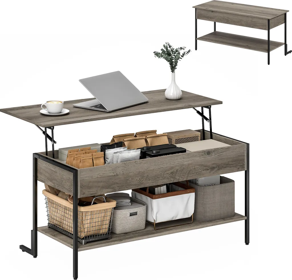 Table basse relevable grise avec rangement caché et étagère de salon