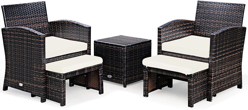 GOPLUS 5 tlg. Rattanmöbel Polyrattan mit Kissen Gartenmöbel, Lounge Set aus 1 Tisch & 2 Stühlen & 2 Ottomanen, mit Abnehmbarem & Waschbarem Bezu...