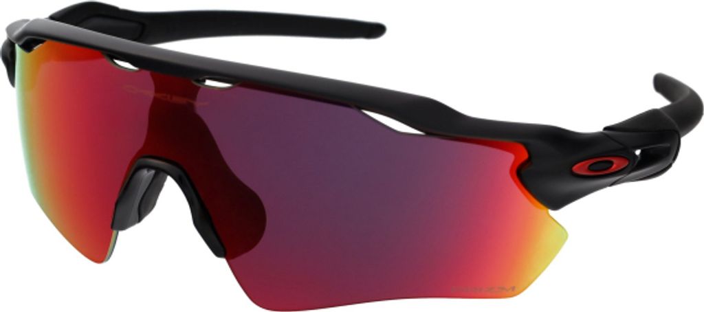 A pair of Oakley sunglasses with red-tinted lenses and a black frame, shown against a white background.