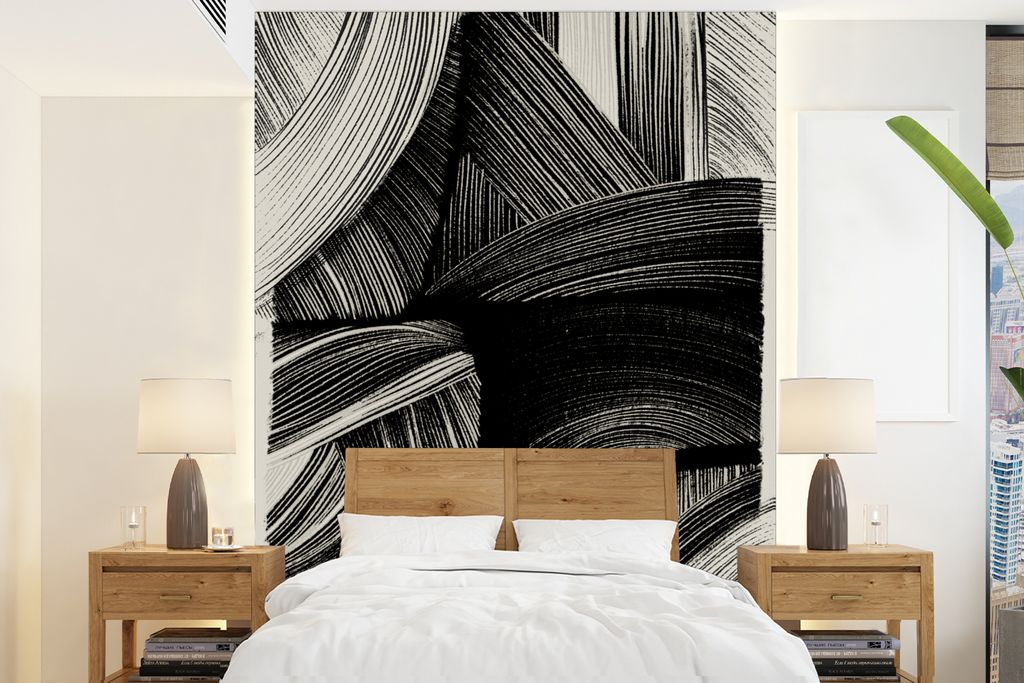 MuchoWow Fototapete für Wohnzimmer oder Schlafzimmer Wandtapete Vinyl Motivtapete Abstrakt - Schwarz - Weiß - Linien - 205x280 cm - Wandbild