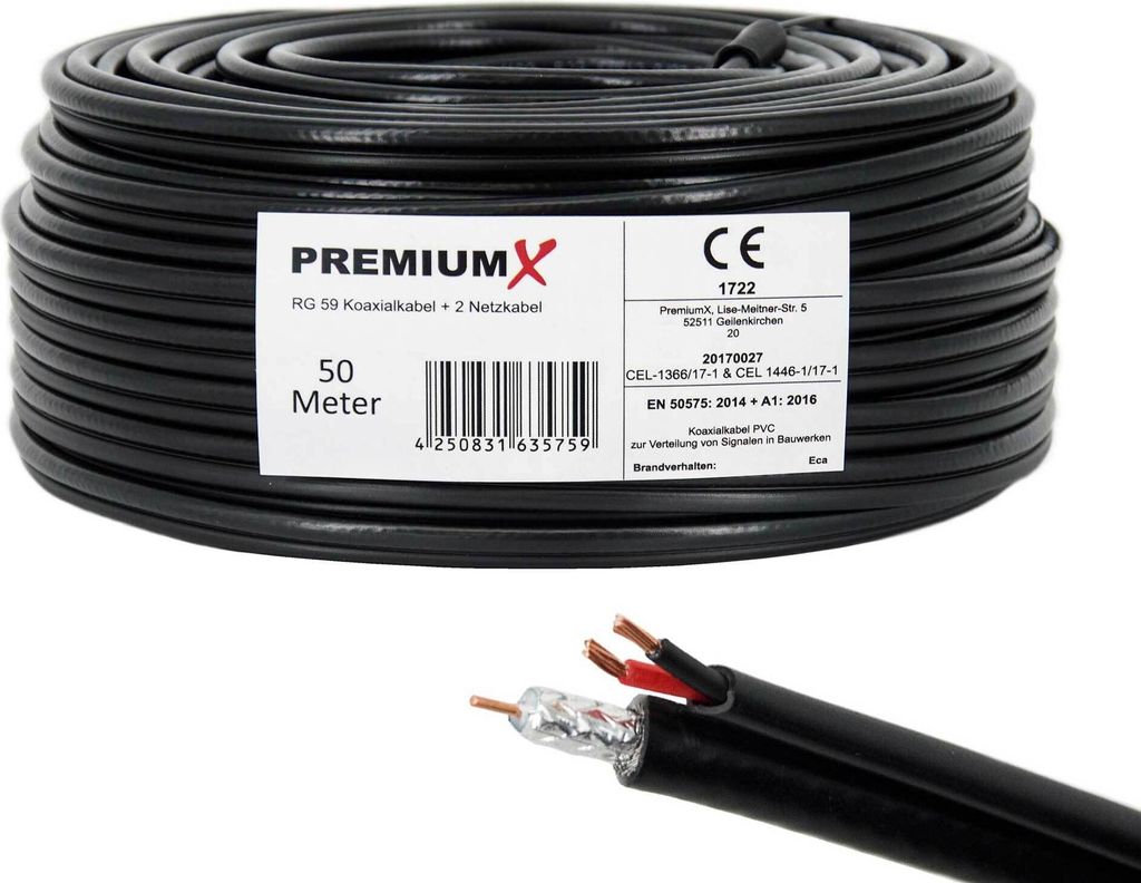 PremiumX 50m RG59 Koaxialkabel + 2 Netzkabel Eca Videobild und Stromversorgung