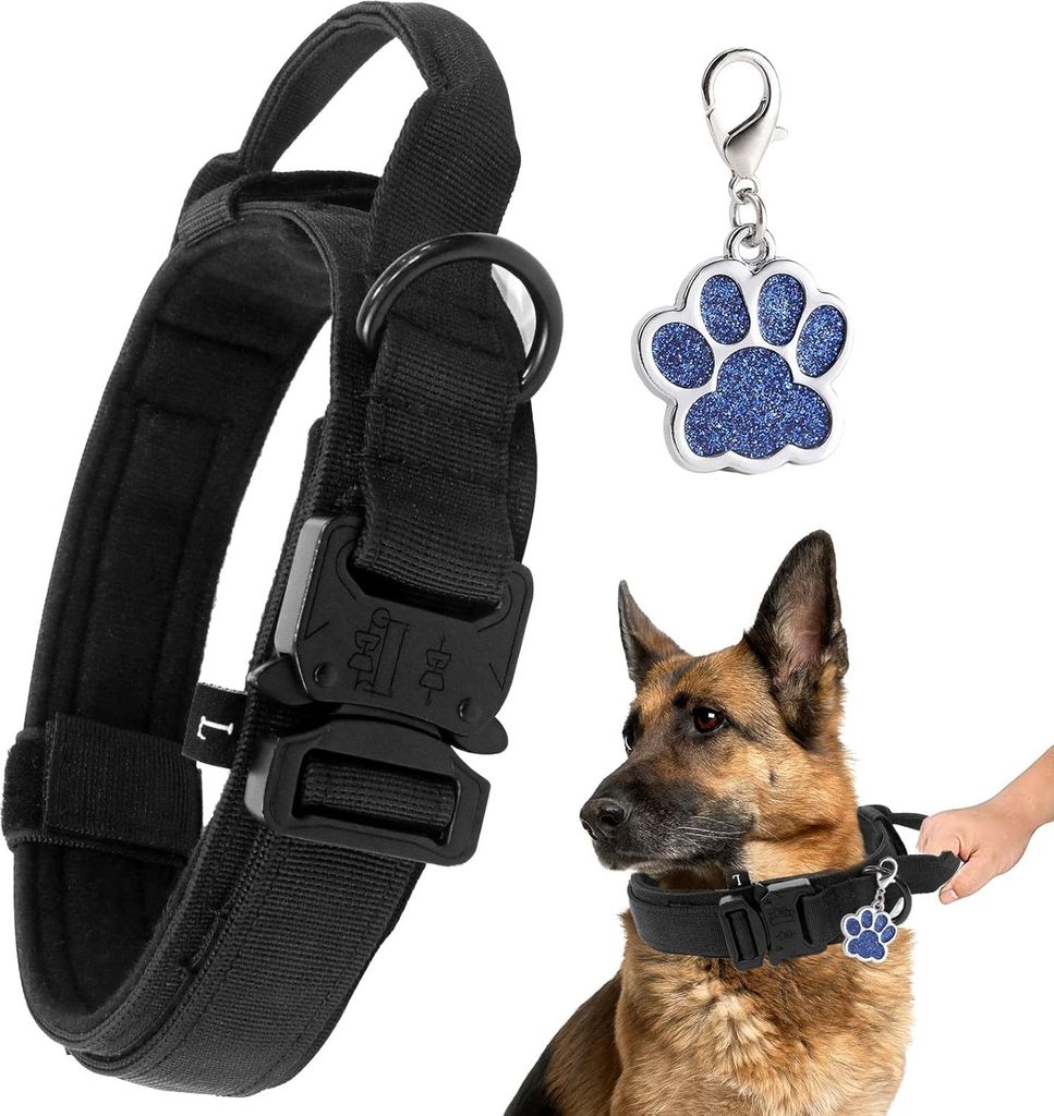 Robuster Kontrollgriff Taktischer Hundehalsband - Verstellbar mit Metallverschluss - für mittelgroße und große Hunde - Breiter 3,8 cm Halsband -...