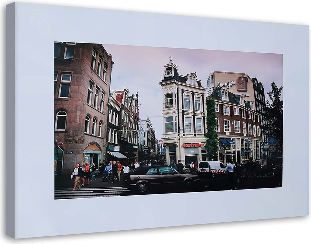 Leinwandbild alte stadthäuser und städtische betriebsamkeit 90x60 cm Feeby braun wandbild bereit zum aufhängen