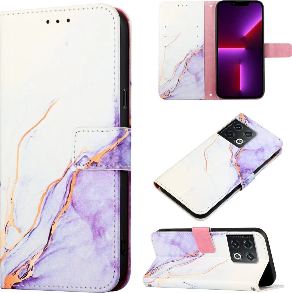 Custodia Luxury Marmo Bianco Viola per OnePlus 10 Pro | Flip Cover PU