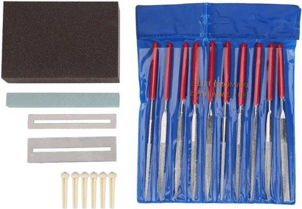 Gitarrenbrücken schärfen Werkzeugset mit Schleifstein, Schleifkugeln, Schleifwolle und Pins - Werkzeugpflege-Kit.