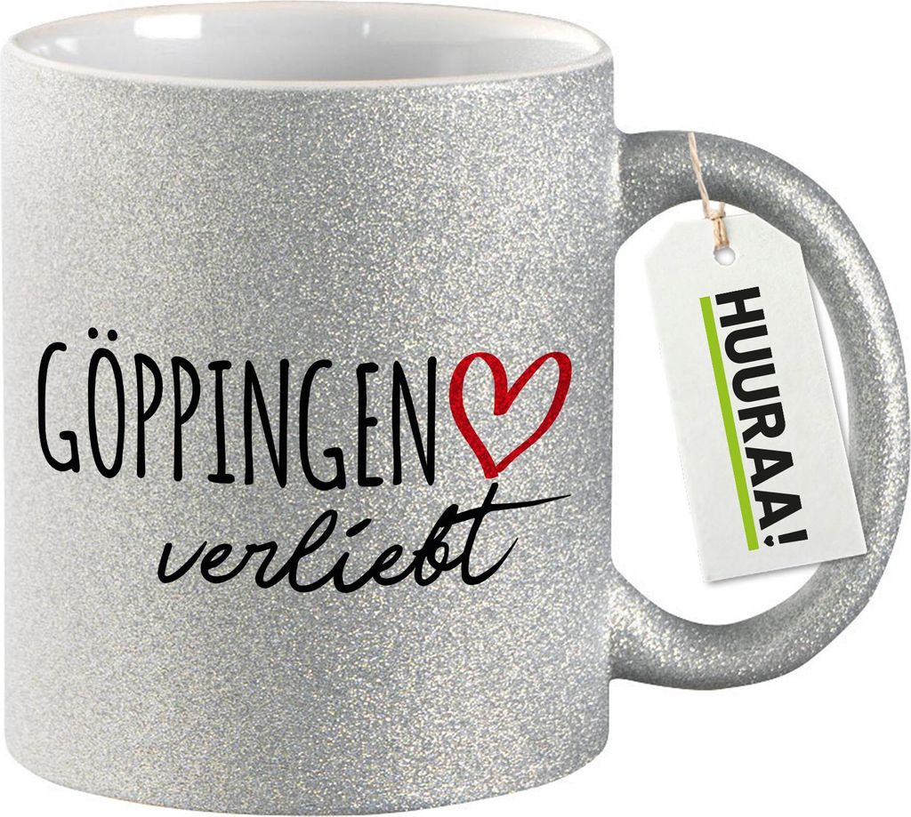 Huuraa Glitzertasse Göppingen verliebt 330ml Silber Keramik Kaffeebecher Geschenkidee