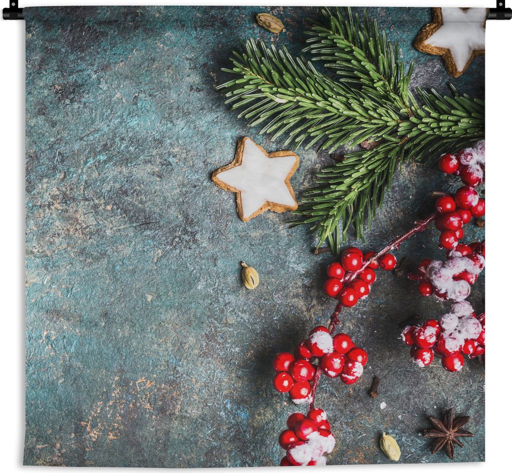 MuchoWow Wandteppich Wandbehang Weihnachten - Rustikal - Zweige - Sternanis - Beeren - Rot 150x150 cm Tapisserie Dekoration Wandtuch - Wohnaccess...