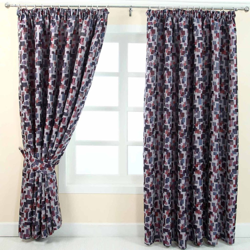HOMESCAPES Blickdichte Jacquard Vorhänge mit Kräuselband Rosario Diamond Block blau rot rot 228 x 117 cm