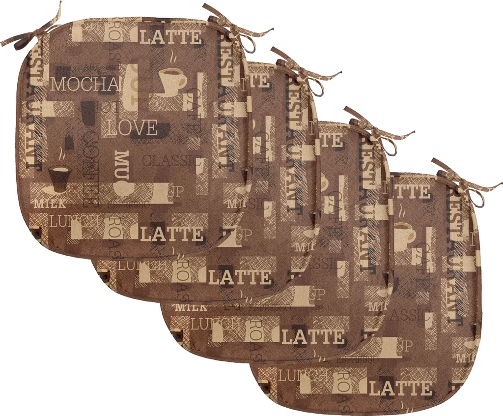 ABAKUHAUS Cuscini per sedie da sala da pranzo, Cafeteria Typography, cuscini decorativi impermeabili con cinturini per sedie da cucina, 40 cm x 40 cm, confezione da 4, beige marrone