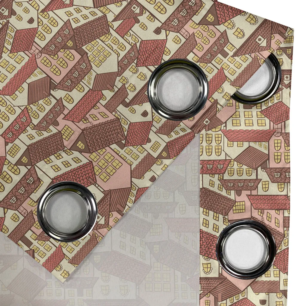 ABAKUHAUS Tenda con occhielli astratta, motivo casa di città con tetto freddo ricoperto di tegole, architettura urbana, vita cittadina, tende decorative a 2 pannelli per finestre, 280 cm x 245 cm, crema corallo cioccolato - 2