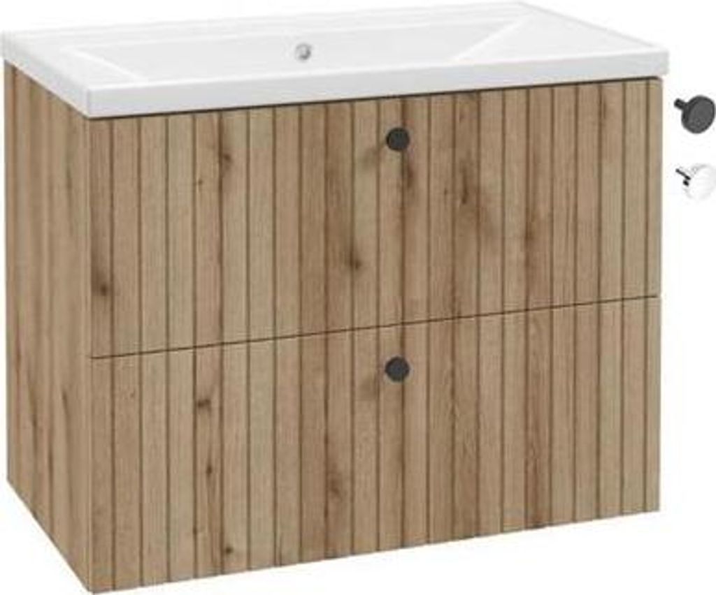 Badezimmerschrank mit Waschbecken 80 cm evoke Eiche geriffelte Lamellen Rietti