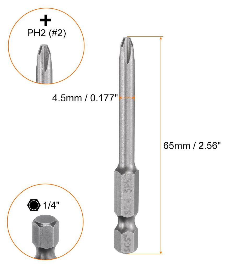 PH2 Phillips Schraubendreher Bit Set mit 1/4" Sechskantschaft, 4.5mm Stab 65mm Lang Magnetische Kreuzkopf Bitsatz S2 Stahl Bohrer Elektrowerkzeug f...