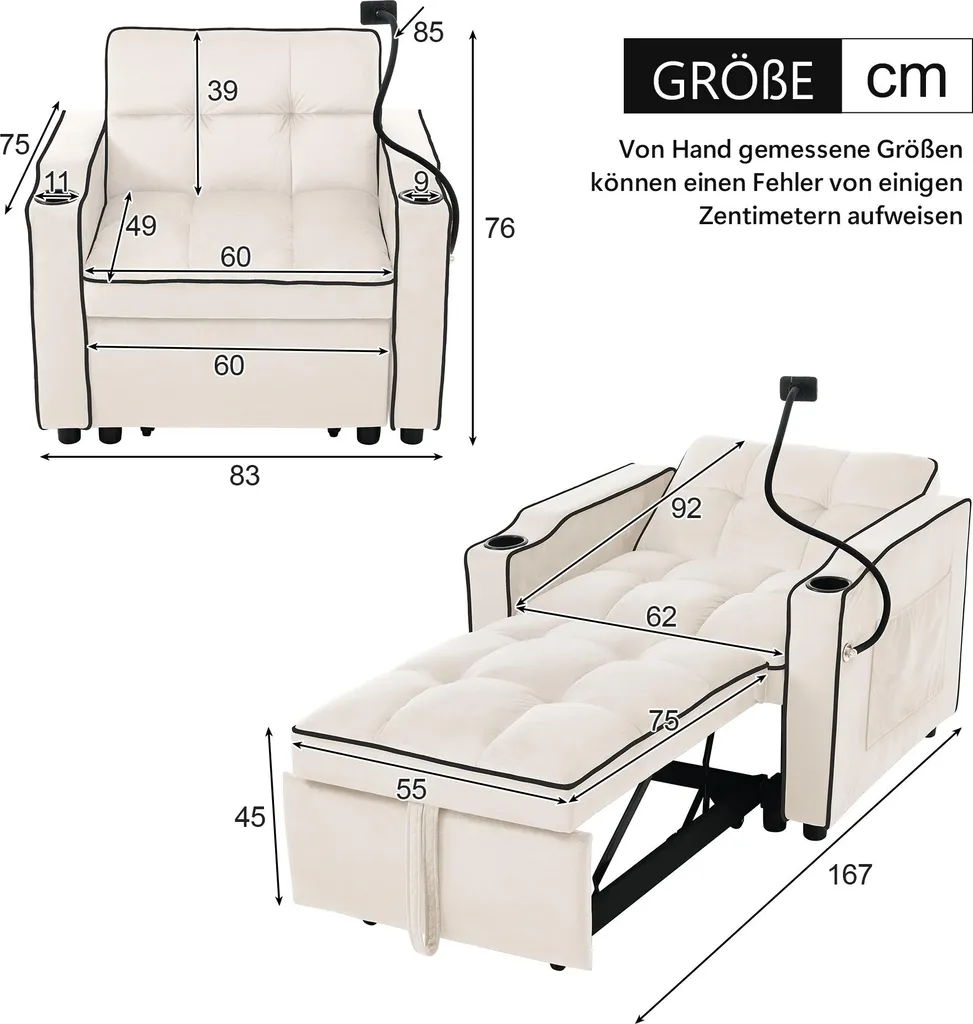 Chauffeuse Convertible Velours Beige avec Support Smartphone MODFU