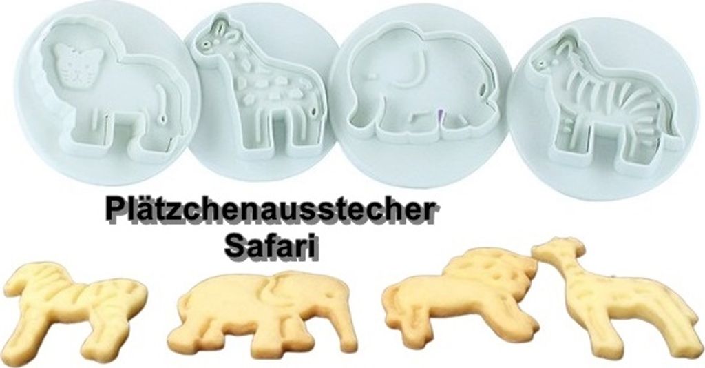 GKA 4 Stück Plätzchenstempel Safari Tiere Zoo Ausstecher mit Stempel Keksausstecher Plätzchenausstecher Löwe Giraffe Elefant Zebra Keks Plätzc...
