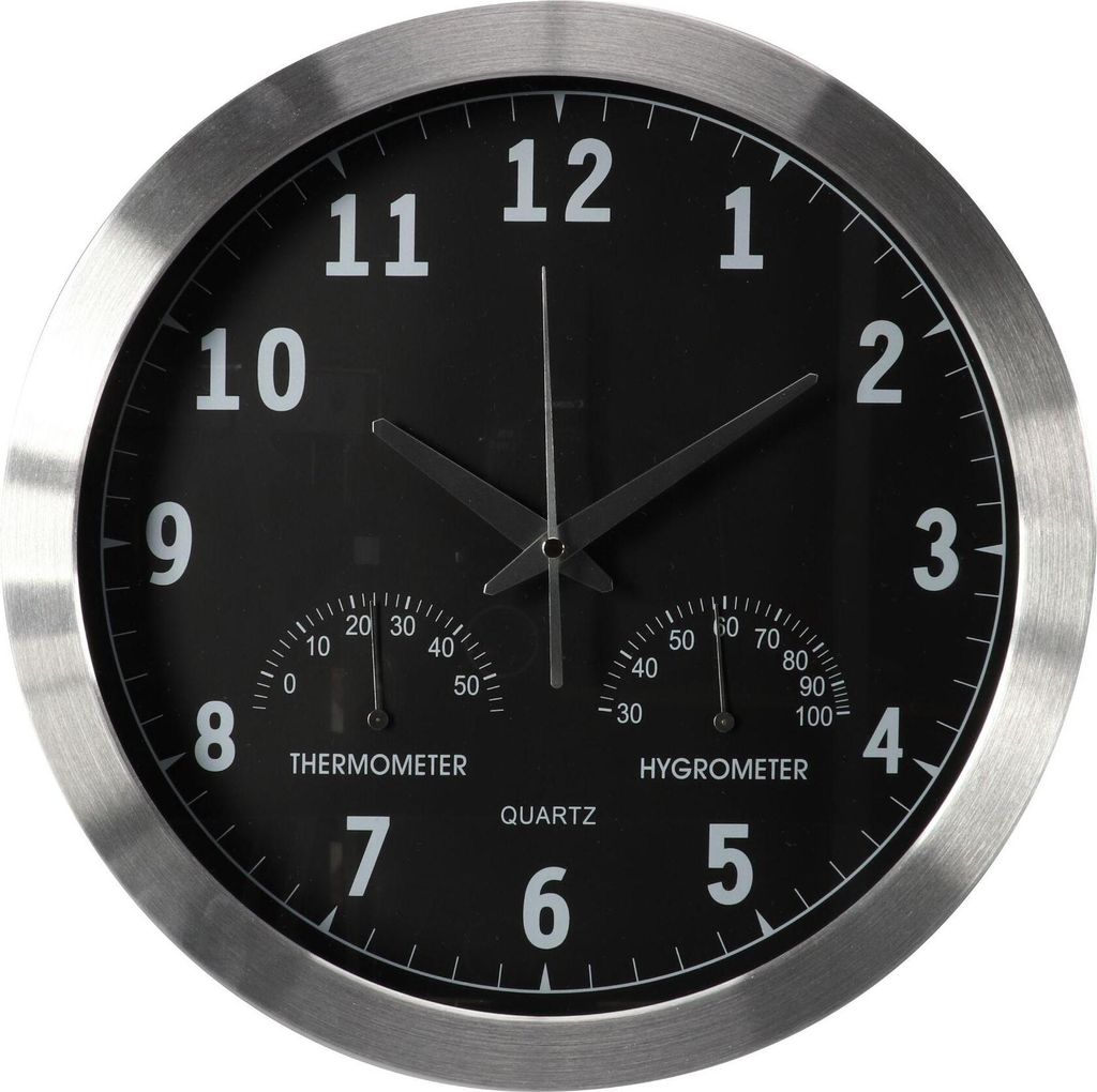A round wall clock with a black face, silver frame, and integrated thermometer and hygrometer.