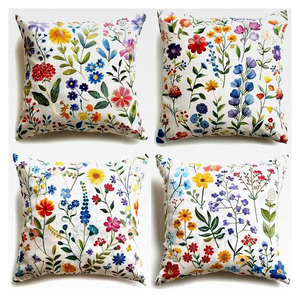 4er Set Dekorative Kissenbezüge 30x30cm aus Baumwolle und Leinen für Outdoor und Zierkissen mit Verstecktem Reißverschluss in Farbenfrohen Blumen